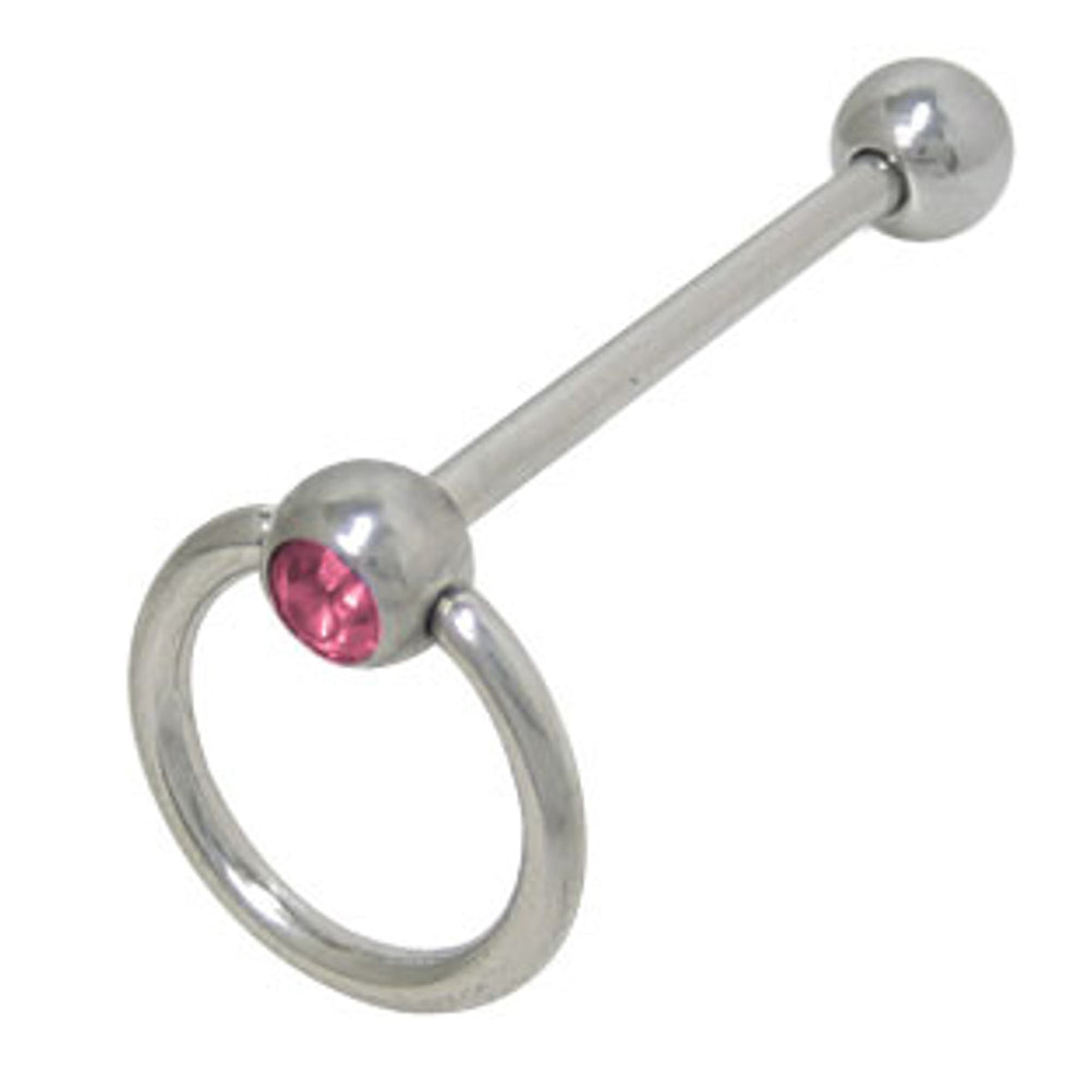 Surgical Steel 14 Gauge Tongue Barbell with Pink CZ Door Knocker