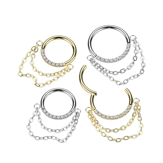 Titanium Hinged Segment Hoop Ring 16 Gauge CZ Gems & Chain Link Dangle