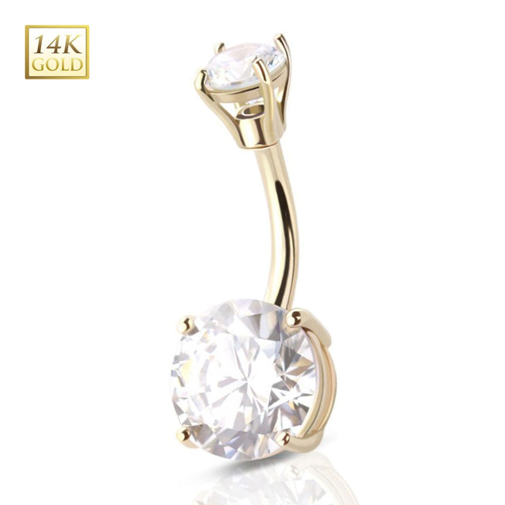 14K Solid Gold 14 Gauge Belly Ring with Prong Set Double CZ