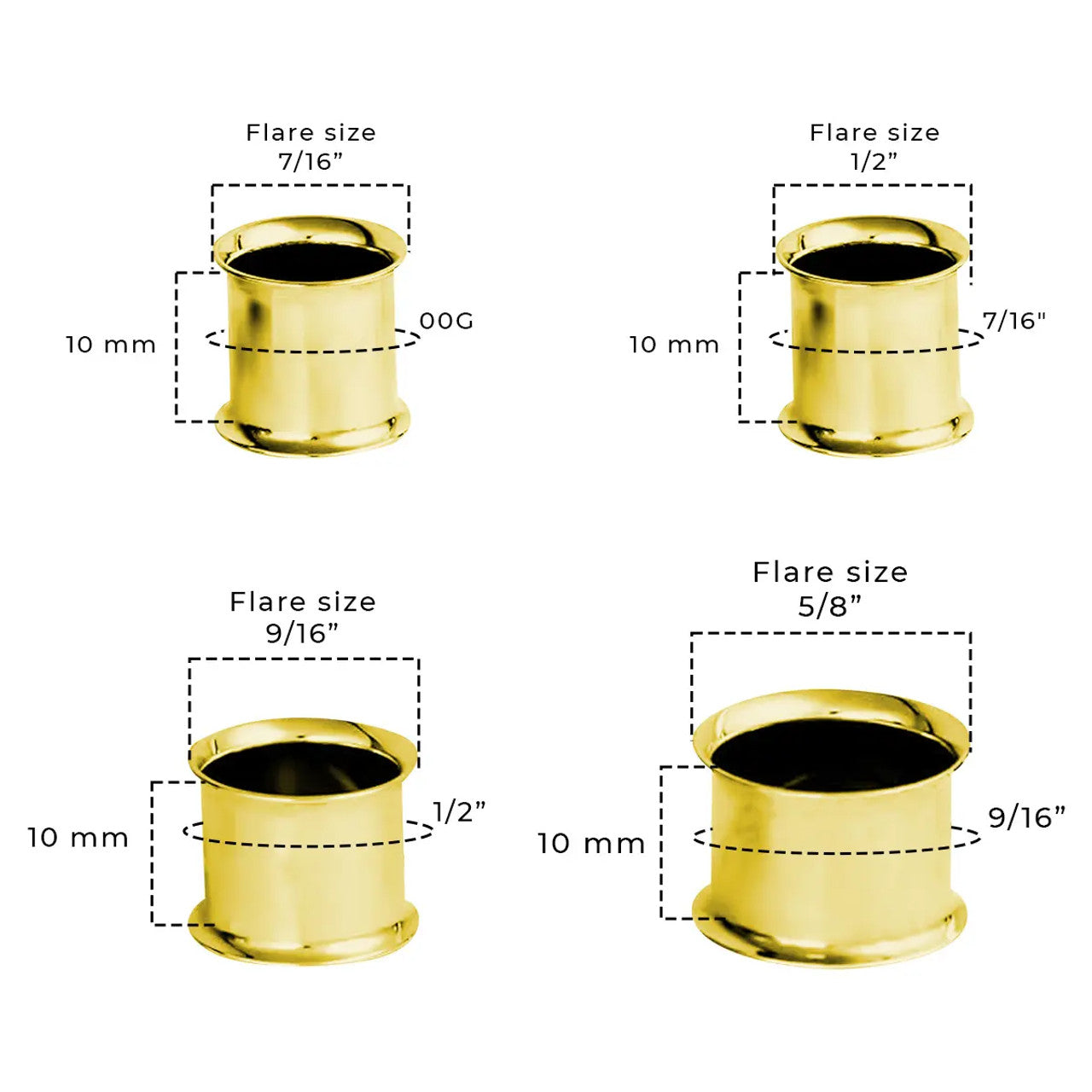 Surgical Steel Gold Double Flared Plug Ear Tunnel 12 to 2" Gauge - Set