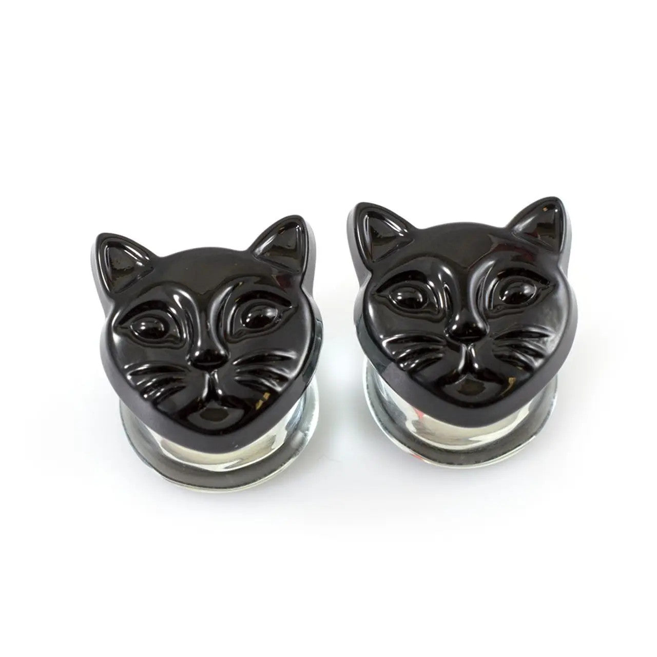 Double Flared Pyrex Glass Plug Ear 0 to 1/2" Gauge & Black Cat - Pair