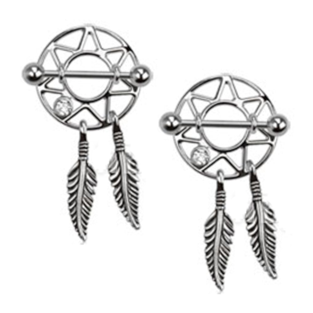 Surgical Steel 14 Gauge Nipple Shield Dream Catcher Dangle - Pair - photo 3