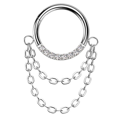 Titanium Hinged Segment Hoop Ring 16 Gauge CZ Gems & Chain Link Dangle