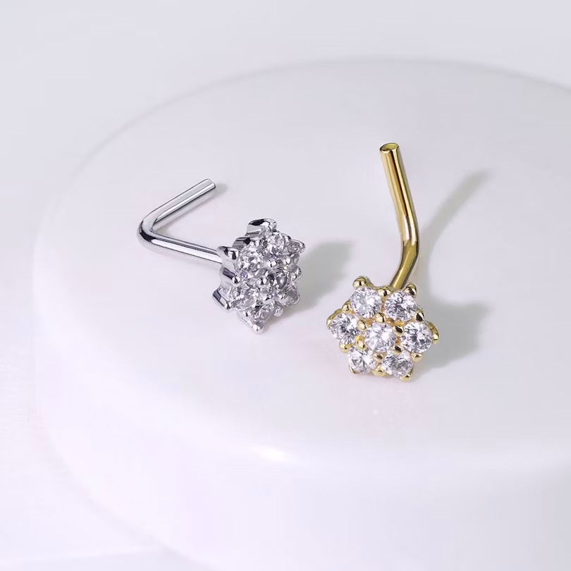 14 Karat Solid Gold Nose Ring Stud 20 18 Gauge 1/4" L Bend & CZ Flower