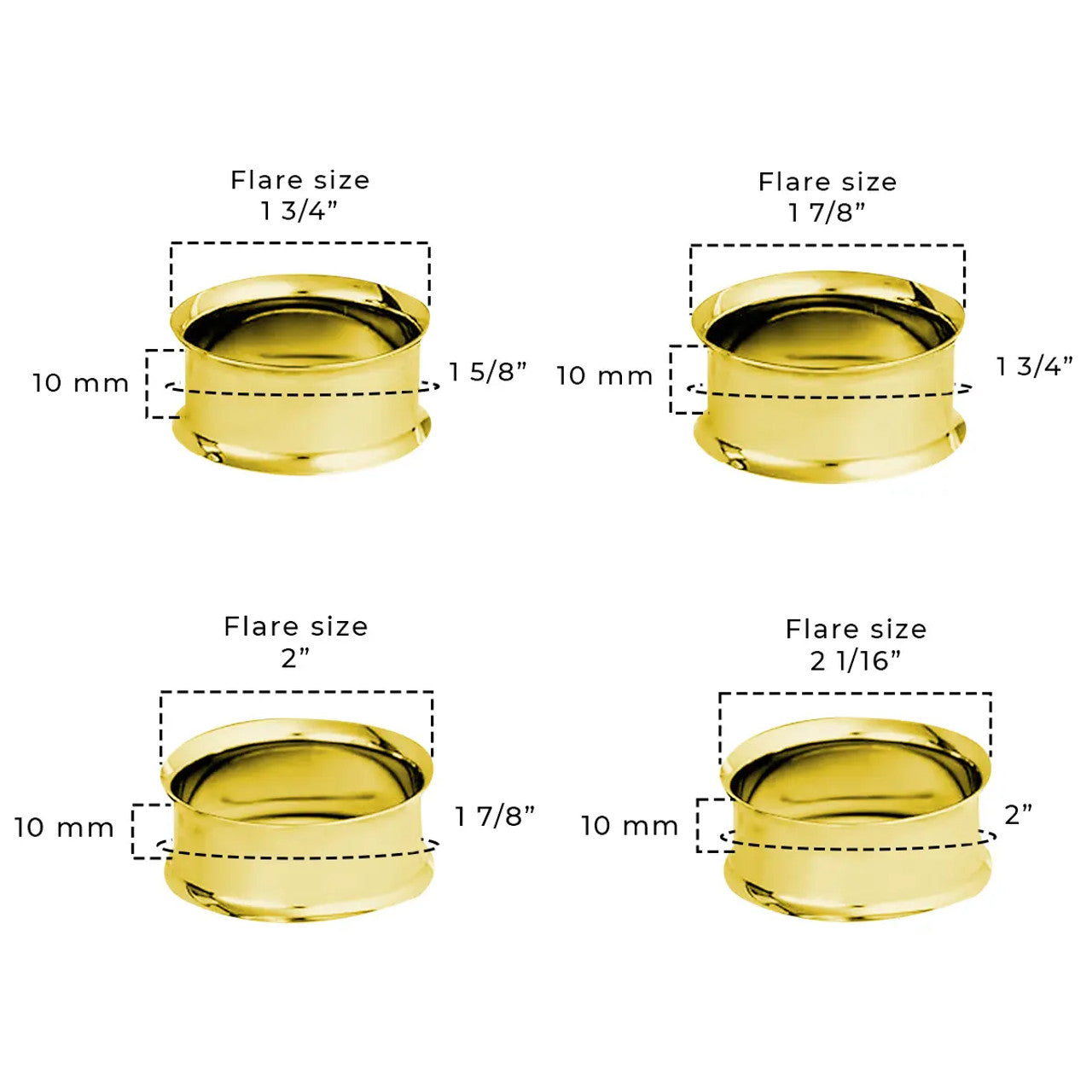 Surgical Steel Gold Double Flared Plug Ear Tunnel 12 to 2" Gauge - Set