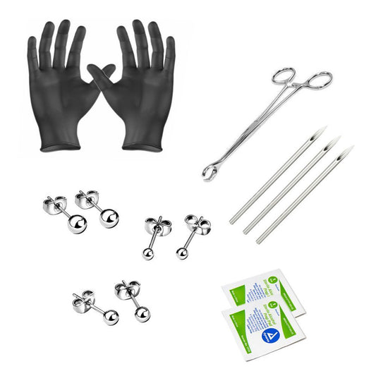 Titanium Ear Stud Piercing Kit 20 Gauge & Steel Clamps - 13 Pieces