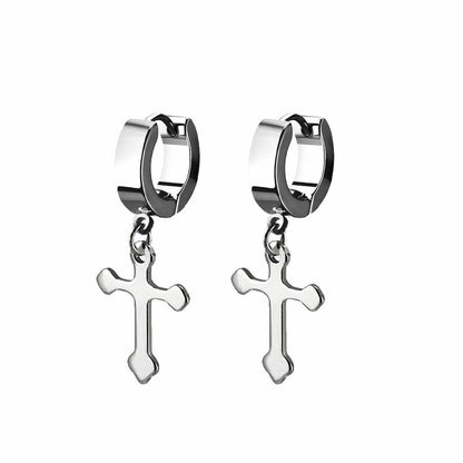 Stainless Steel Hinged Hoop Earrings 18 Gauge & Cross Dangle - Pair
