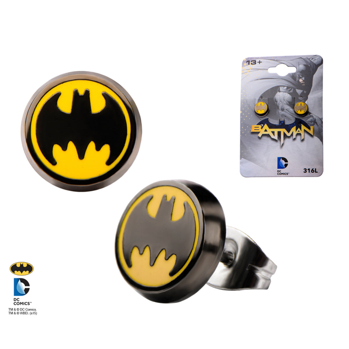 Surgical Steel Enamel Round Batman Logo Stud Earrings DC Comic - Pair