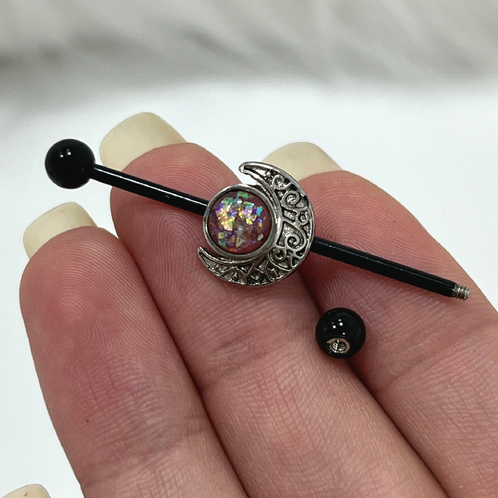 Surgical Steel 14 Gauge Industrial Barbell AB Opal Crescent Moon - photo 6