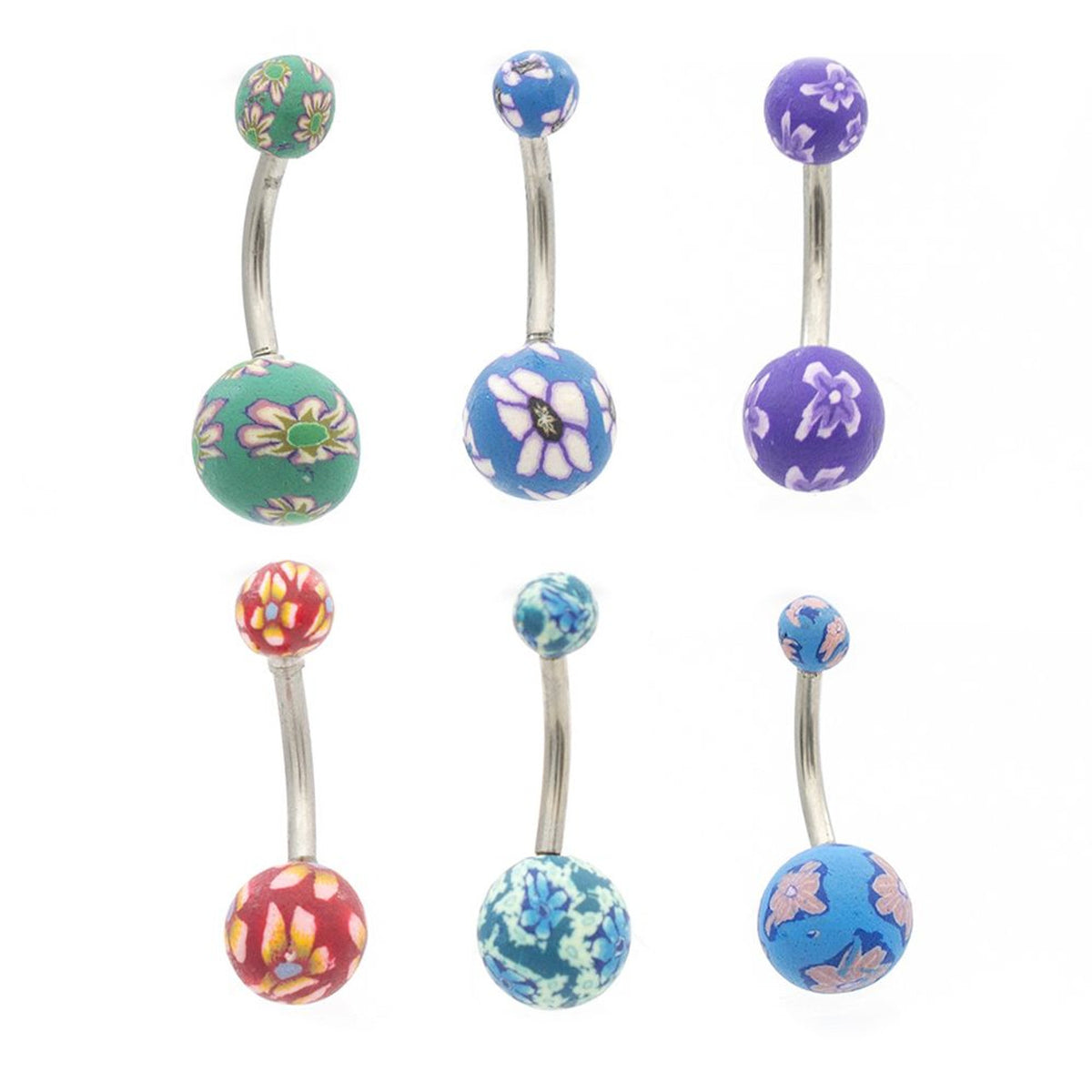 Surgical Steel 14 Gauge Belly Rings with Clay Flower Ball - 6 Pack - photo 3
