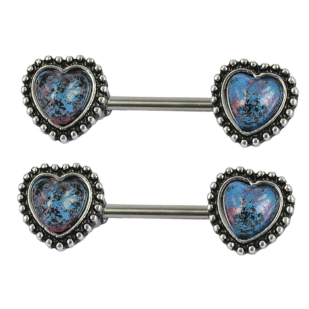 Surgical Steel 14 Gauge Nipple Barbells with Opal Heart - Pair