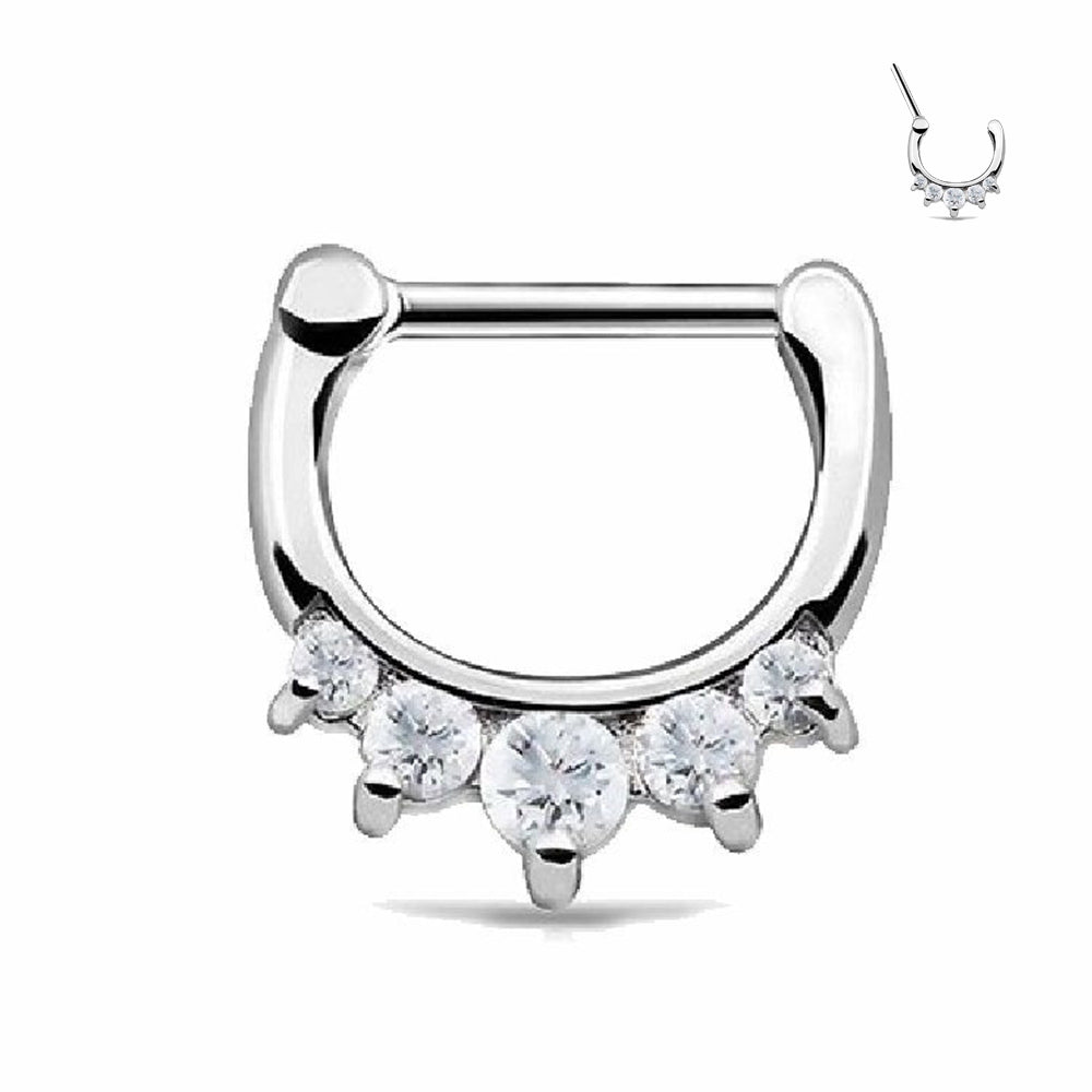 Surgical Steel 16 Gauge Five Prong CZ Septum Clicker Hoop - 10mm