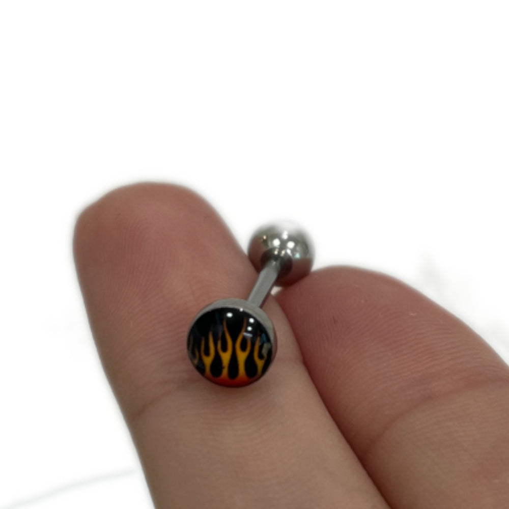 Surgical Steel Tongue Barbell 14 Gauge 15mm with Fire Flames Logo - photo 6