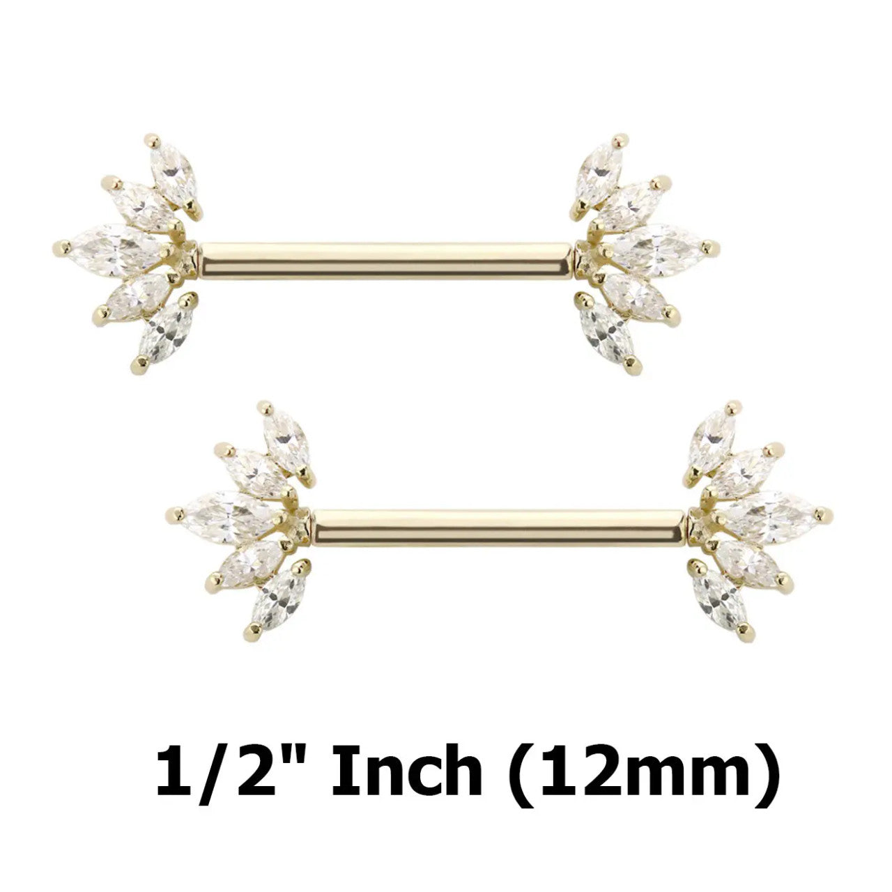 14 Karat Solid Gold Nipple Ring Barbell 14 Gauge & Threadless Fan CZ