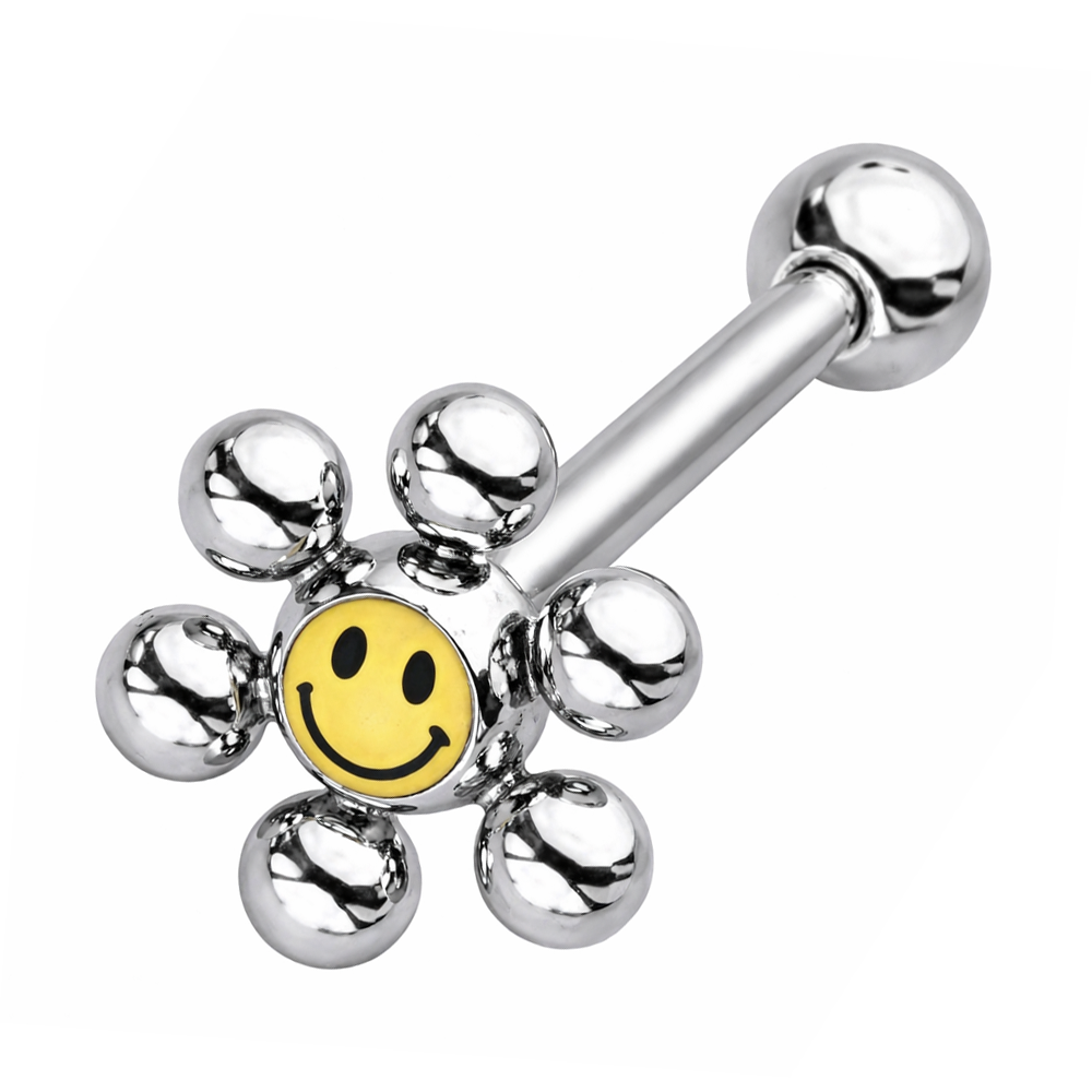 Surgical Steel 14 Gauge Tongue Barbell with Flower Smiley