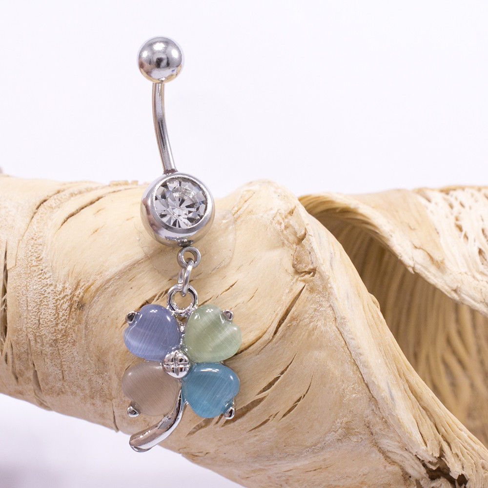 Surgical Steel 14 Gauge Belly Ring with Four Leaf Flower Dangle - photo 3