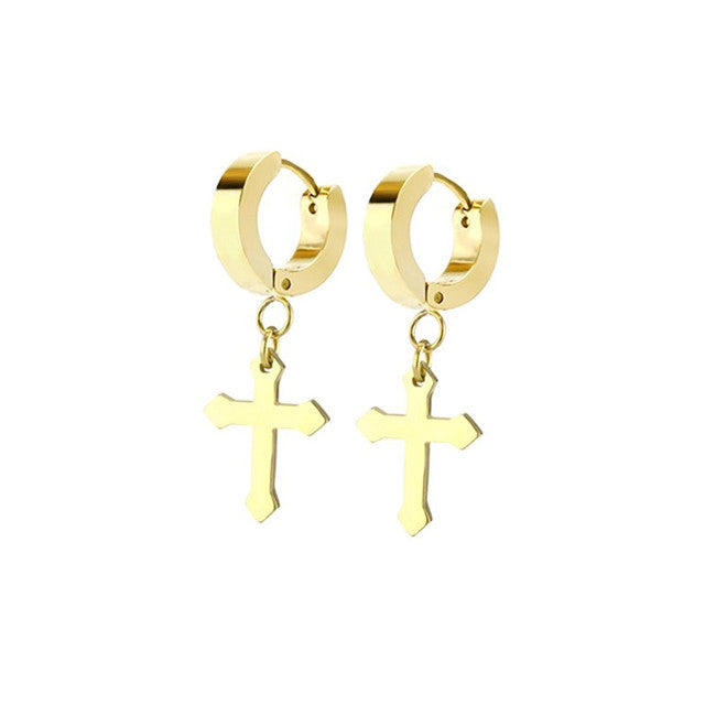 Stainless Steel Hinged Hoop Earrings 18 Gauge & Cross Dangle - Pair