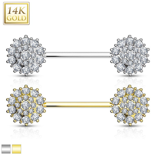 14 Karat Solid Gold Nipple Ring Barbell 14 Gauge 12 MM & CZ Flower