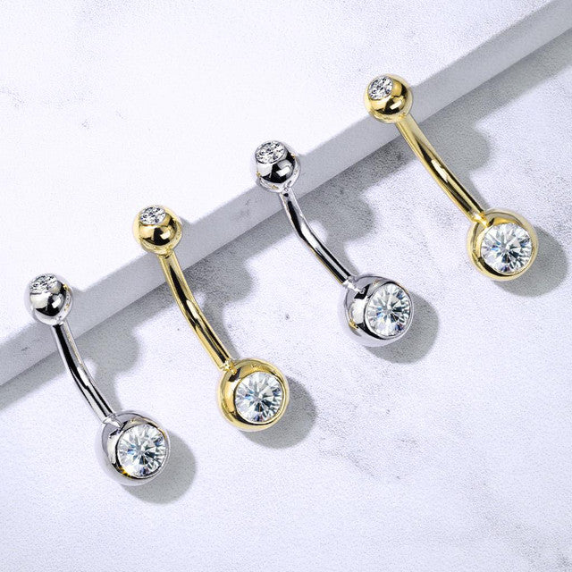 14 Karat Solid Gold Belly Ring 14 Gauge & Double CZ Gems