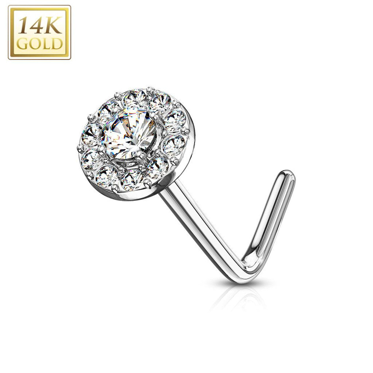 14 Karat Gold Nose Ring Stud 20 Gauge 1/4" L Bend with CZ Round Top