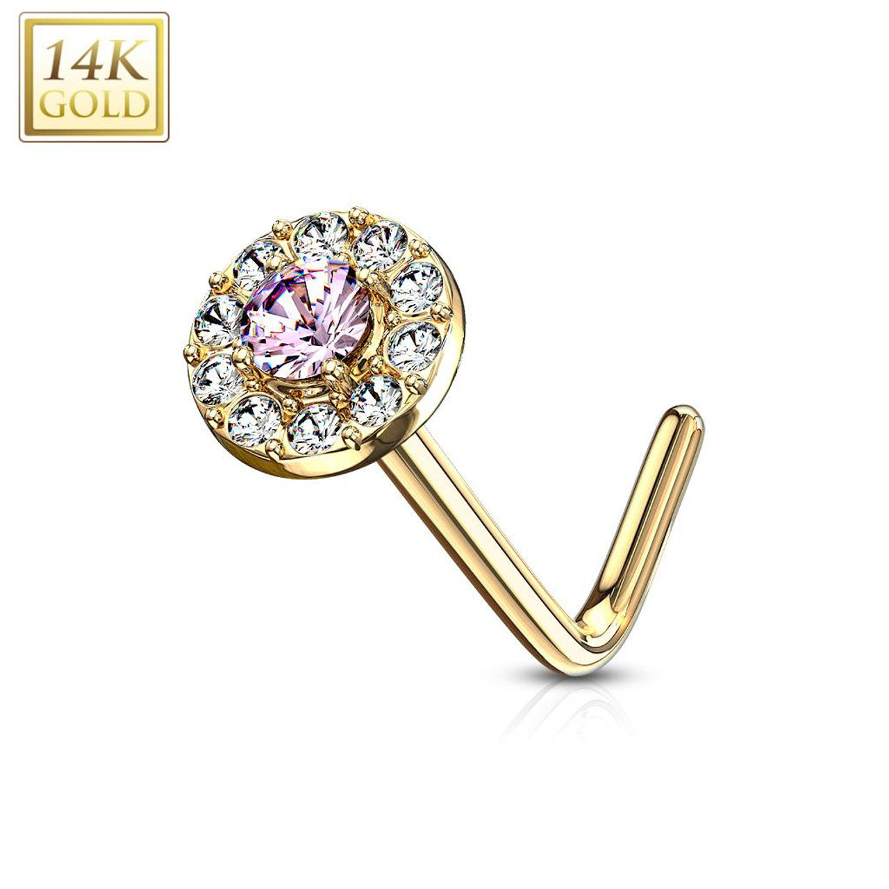 14 Karat Gold Nose Ring Stud 20 Gauge 1/4" L Bend with CZ Round Top