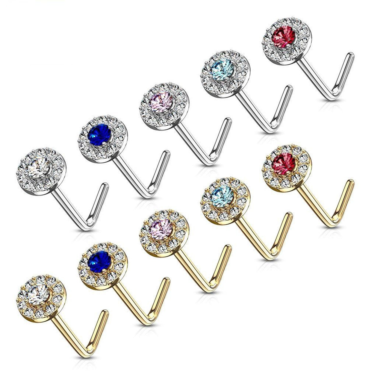 14 Karat Gold Nose Ring Stud 20 Gauge 1/4" L Bend with CZ Round Top
