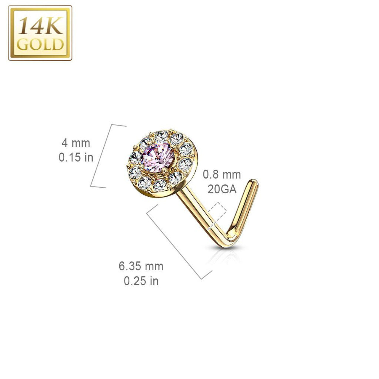 14 Karat Gold Nose Ring Stud 20 Gauge 1/4" L Bend with CZ Round Top
