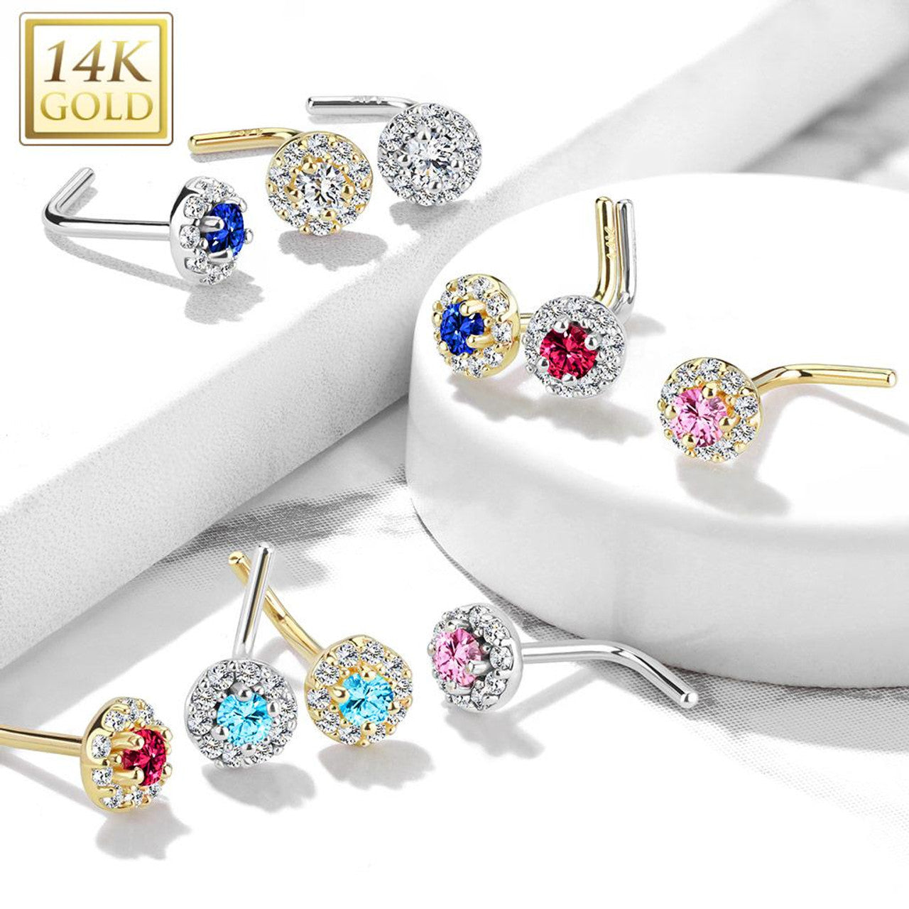 14 Karat Gold Nose Ring Stud 20 Gauge 1/4" L Bend with CZ Round Top