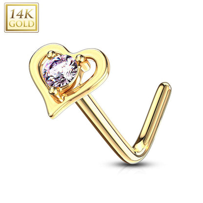 14 Karat Gold Nose Ring Stud 20 Gauge 1/4" L Bend & Center Gem Heart