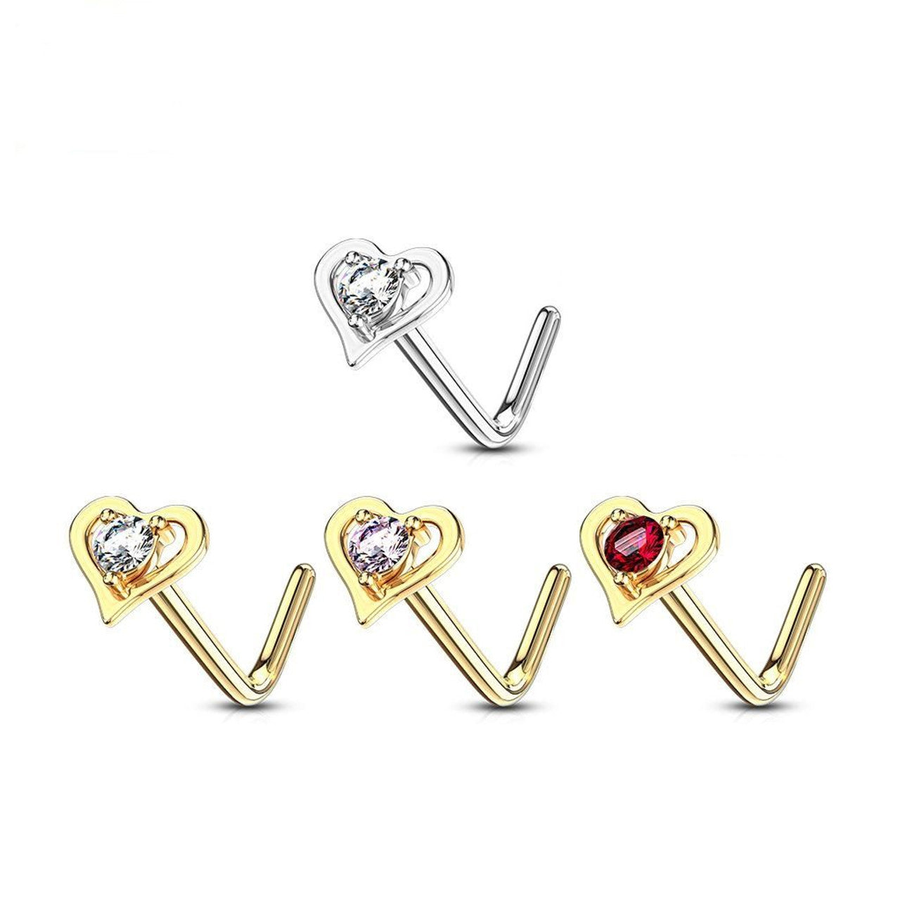 14 Karat Gold Nose Ring Stud 20 Gauge 1/4" L Bend & Center Gem Heart