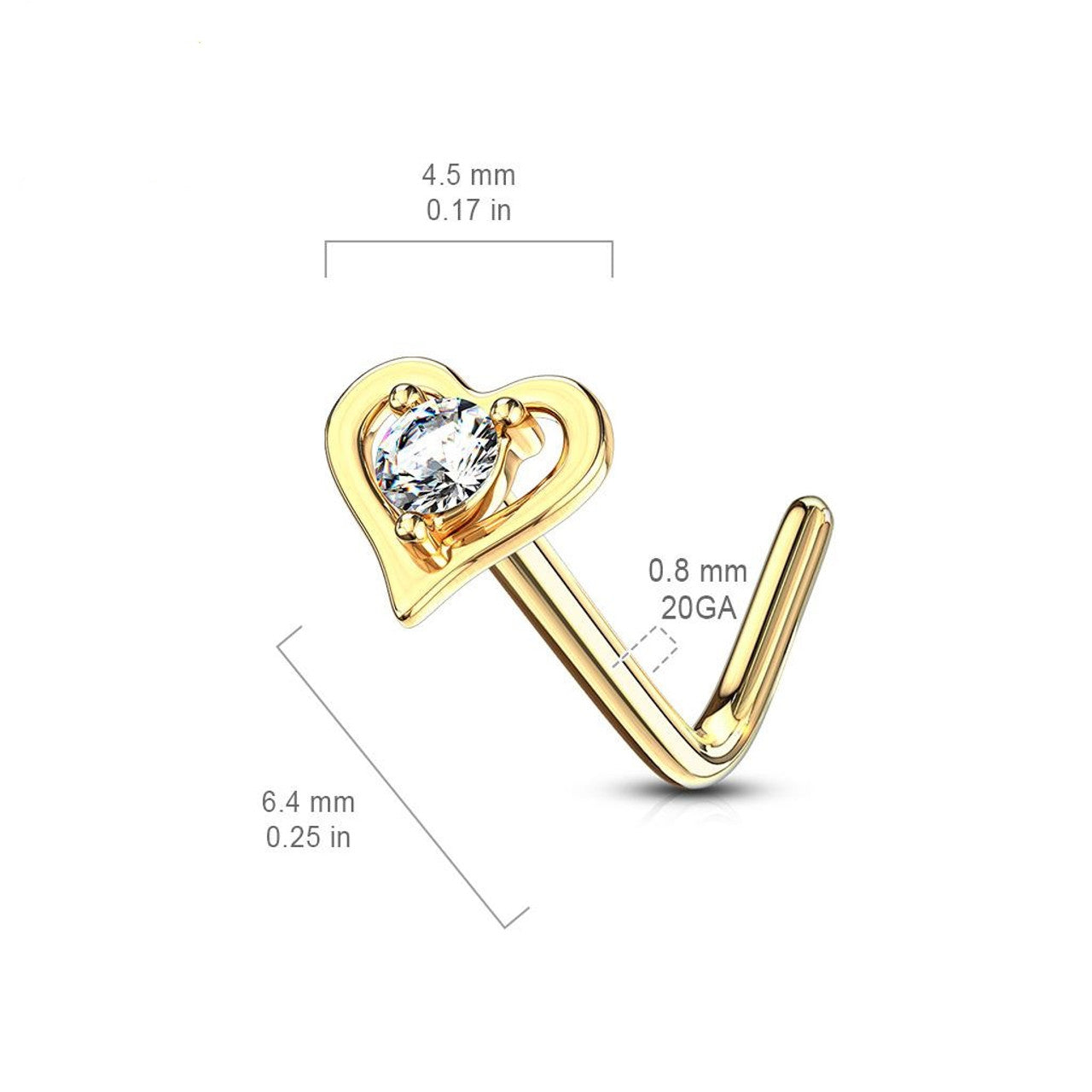 14 Karat Gold Nose Ring Stud 20 Gauge 1/4" L Bend & Center Gem Heart