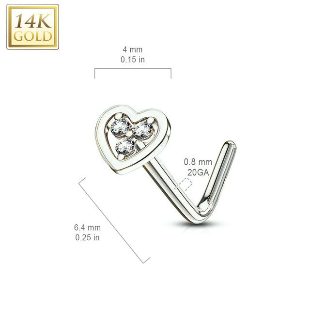 14 Karat White Gold Nose Ring Stud 20 Gauge 1/4" L Bend Heart Red Gem