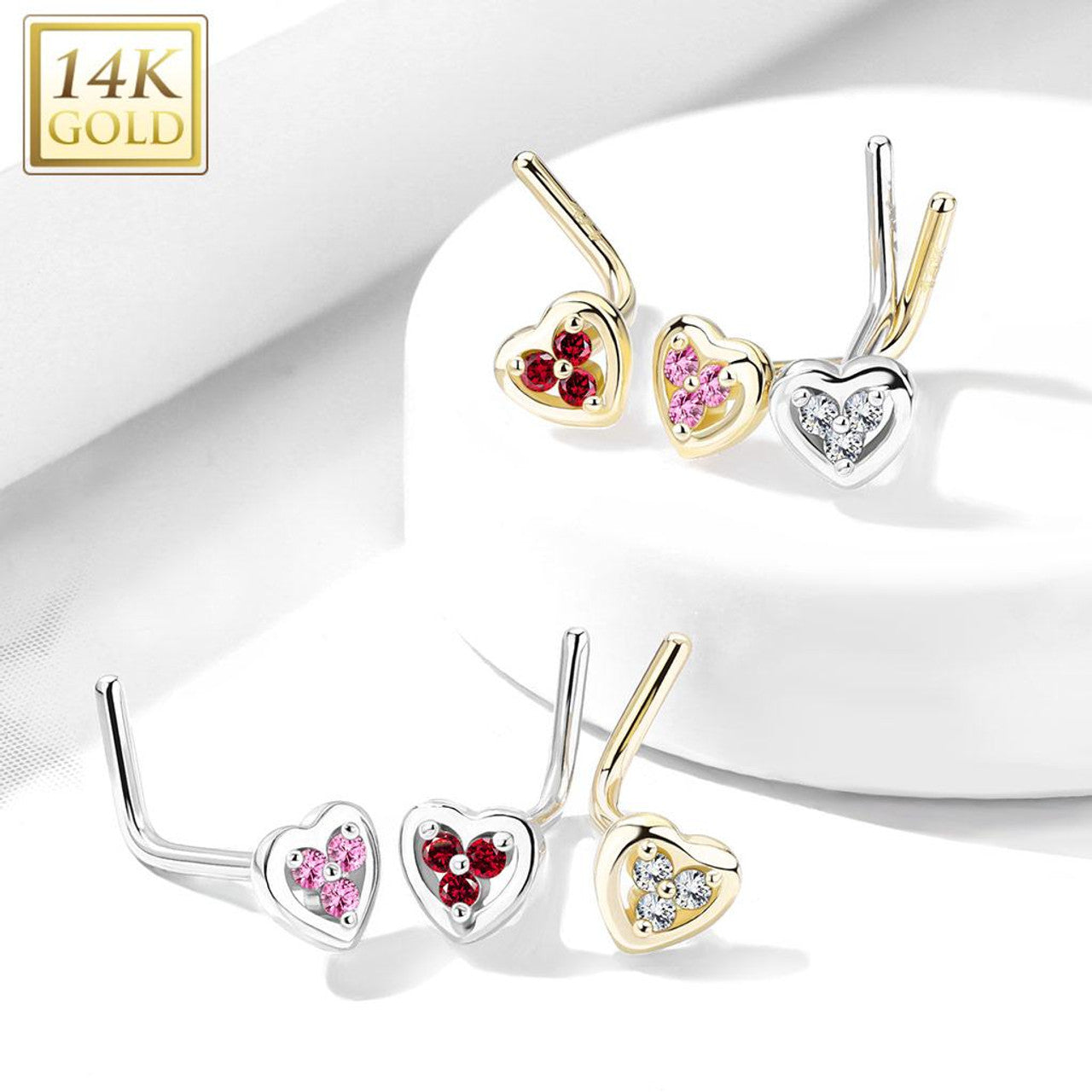 14 Karat White Gold Nose Ring Stud 20 Gauge 1/4" L Bend Heart Red Gem