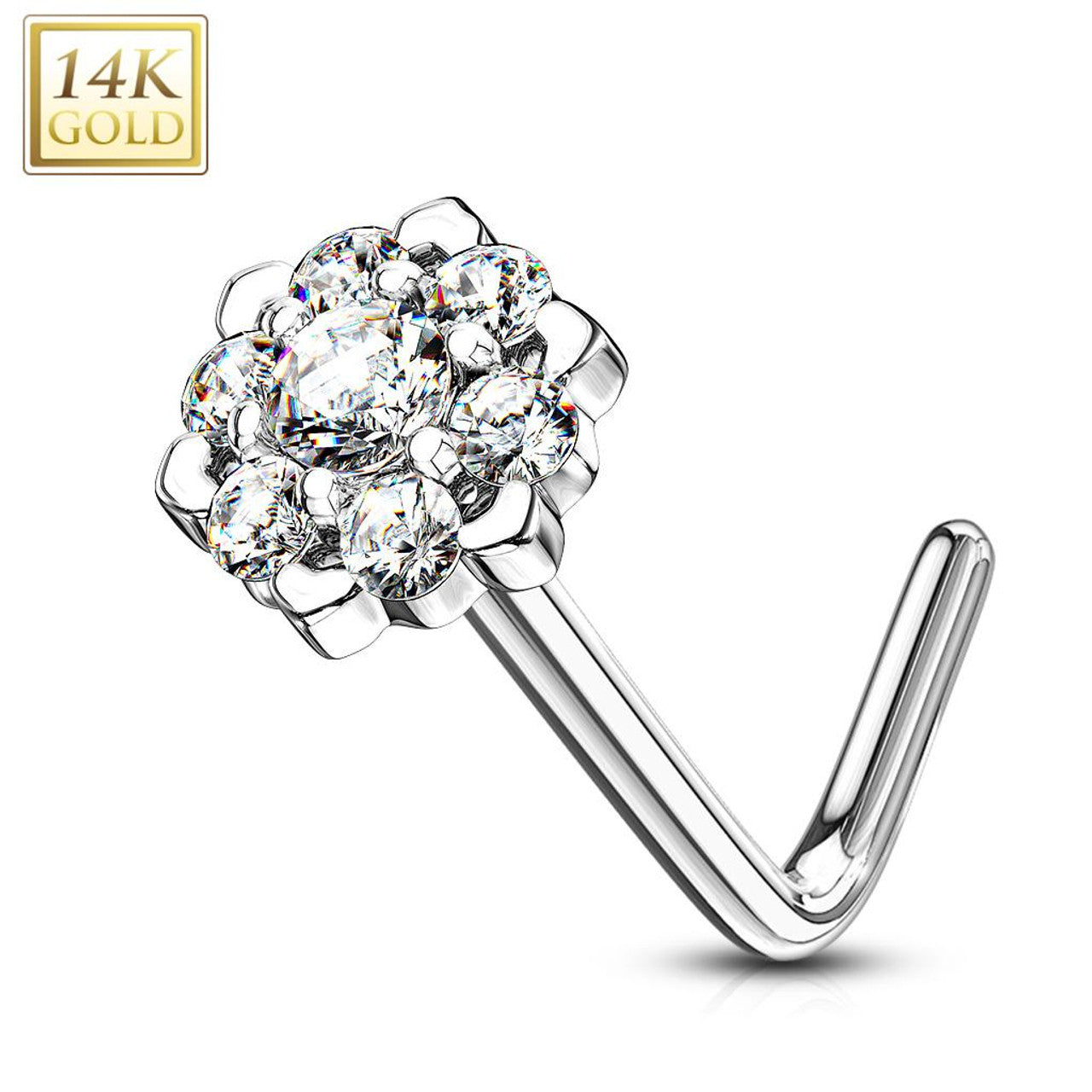 14 Karat White Gold Nose Ring Stud 20 Gauge 1/4" L Bend CZ Gem Flower