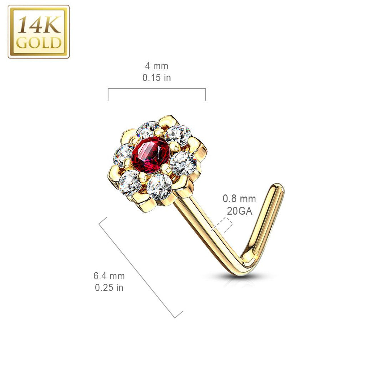 14 Karat White Gold Nose Ring Stud 20 Gauge 1/4" L Bend CZ Gem Flower