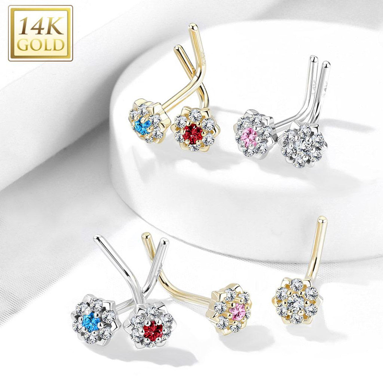 14 Karat White Gold Nose Ring Stud 20 Gauge 1/4" L Bend CZ Gem Flower