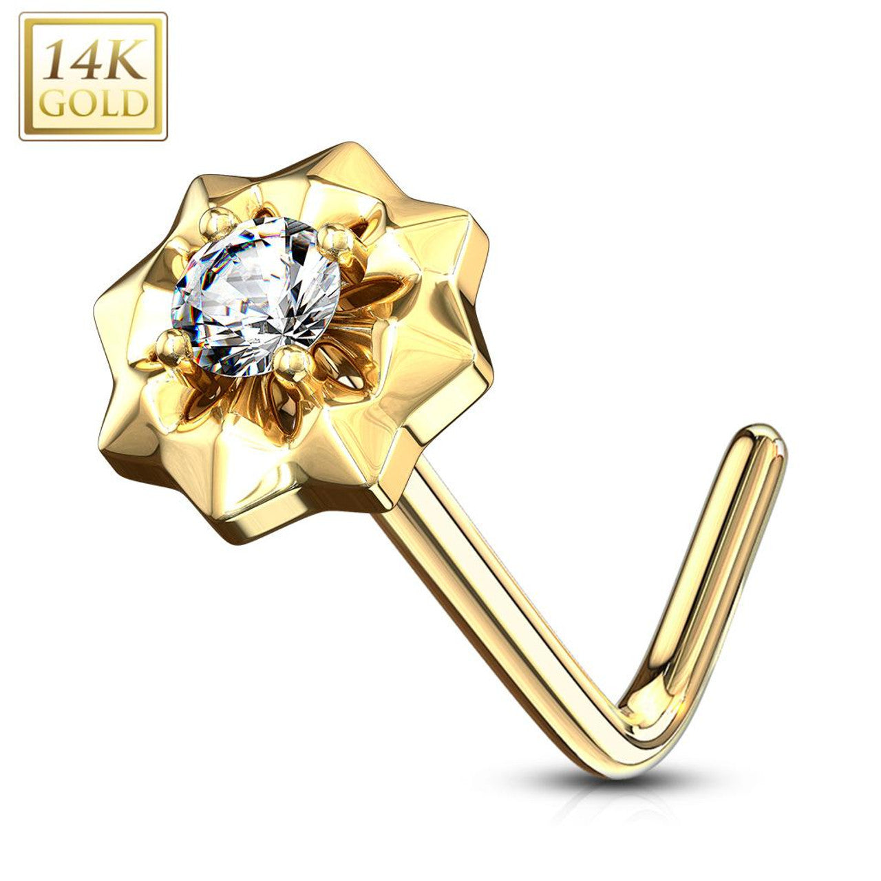14 Karat Gold Nose Ring Stud 20 Gauge 1/4" L Bend Center Gem Starburst
