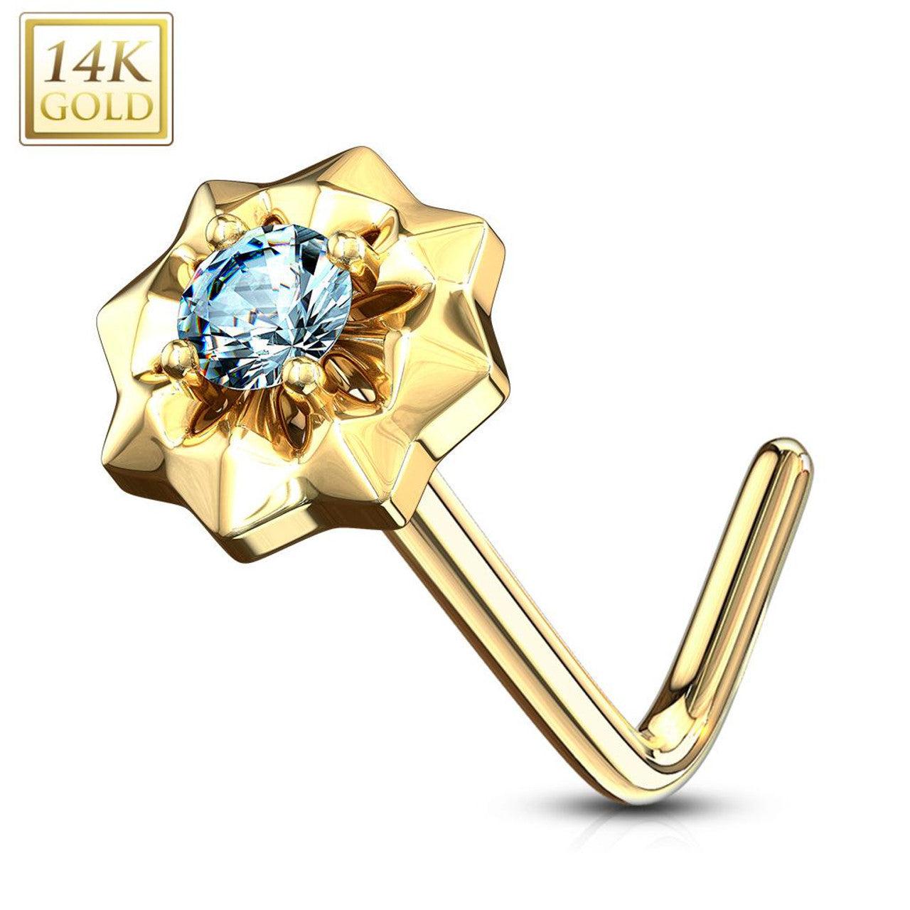14 Karat Gold Nose Ring Stud 20 Gauge 1/4" L Bend Center Gem Starburst