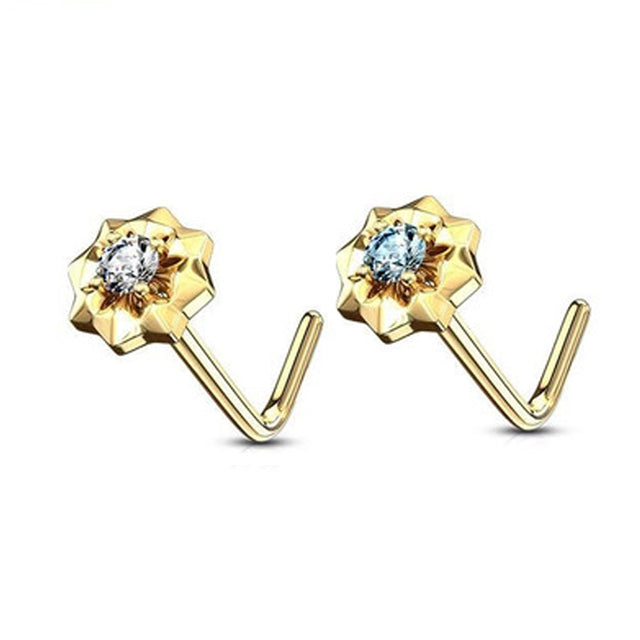 14 Karat Gold Nose Ring Stud 20 Gauge 1/4" L Bend Center Gem Starburst