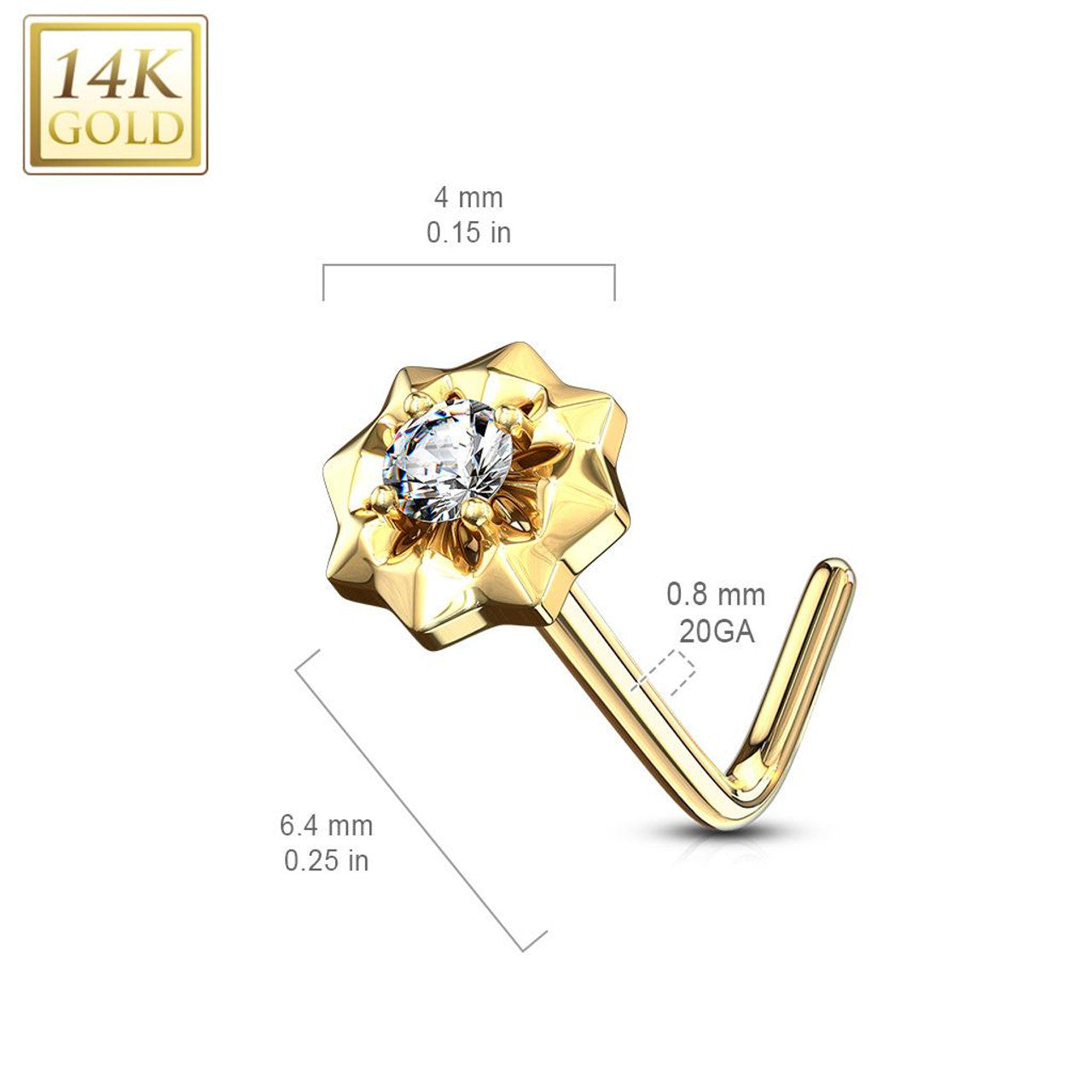 14 Karat Gold Nose Ring Stud 20 Gauge 1/4" L Bend Center Gem Starburst