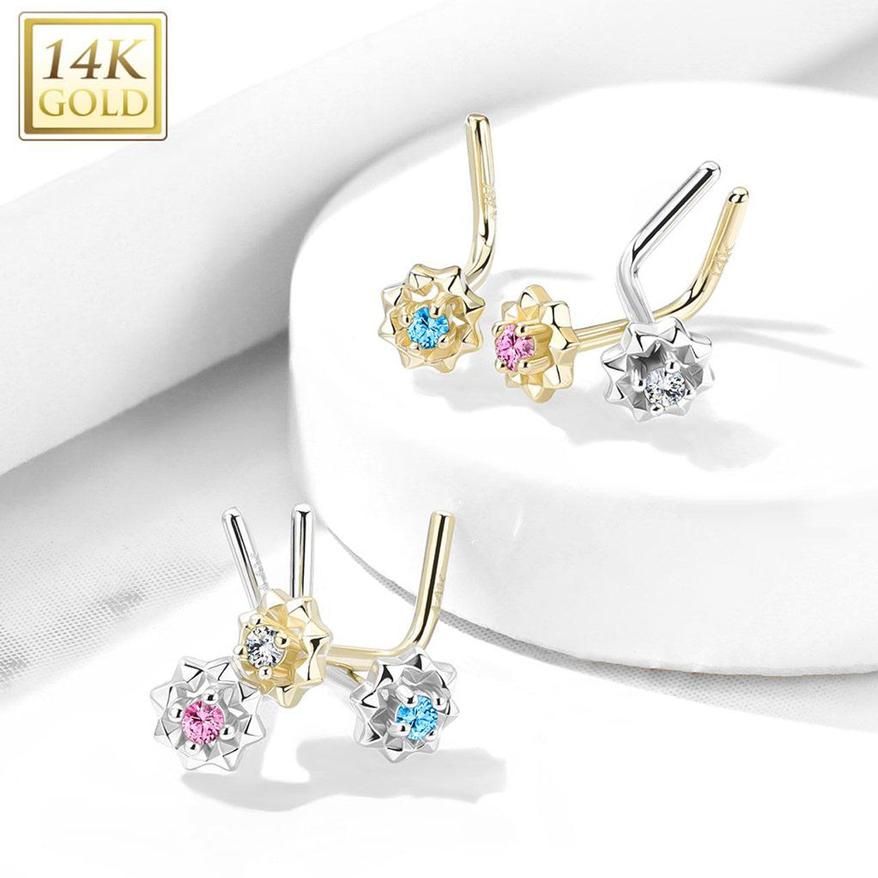 14 Karat Gold Nose Ring Stud 20 Gauge 1/4" L Bend Center Gem Starburst