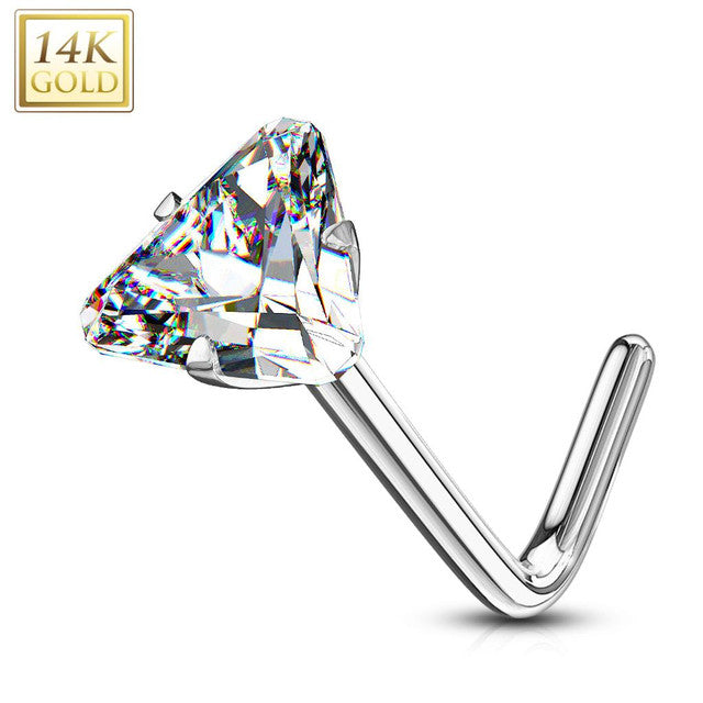 14 Karat Solid Gold Nose Ring Stud 20 Gauge 1/4" L Bend & Triangle CZ