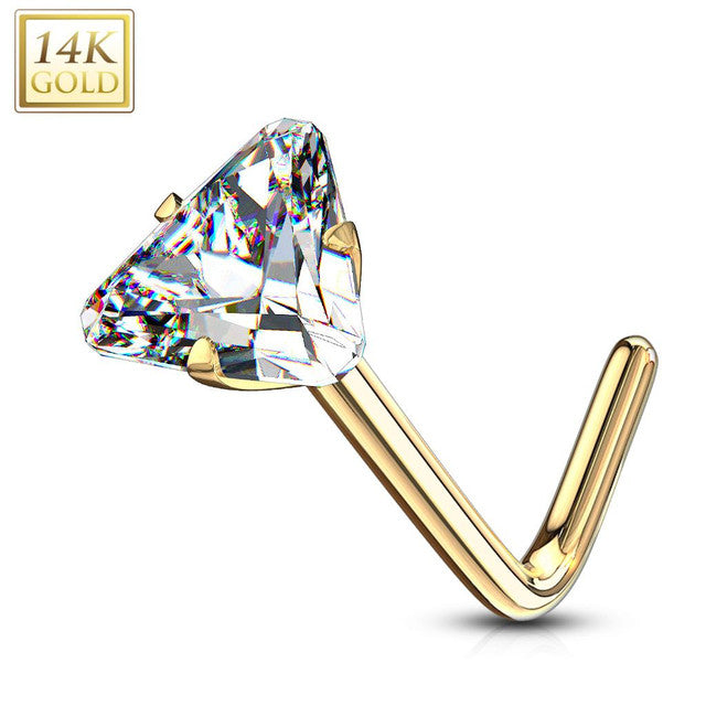 14 Karat Solid Gold Nose Ring Stud 20 Gauge 1/4" L Bend & Triangle CZ