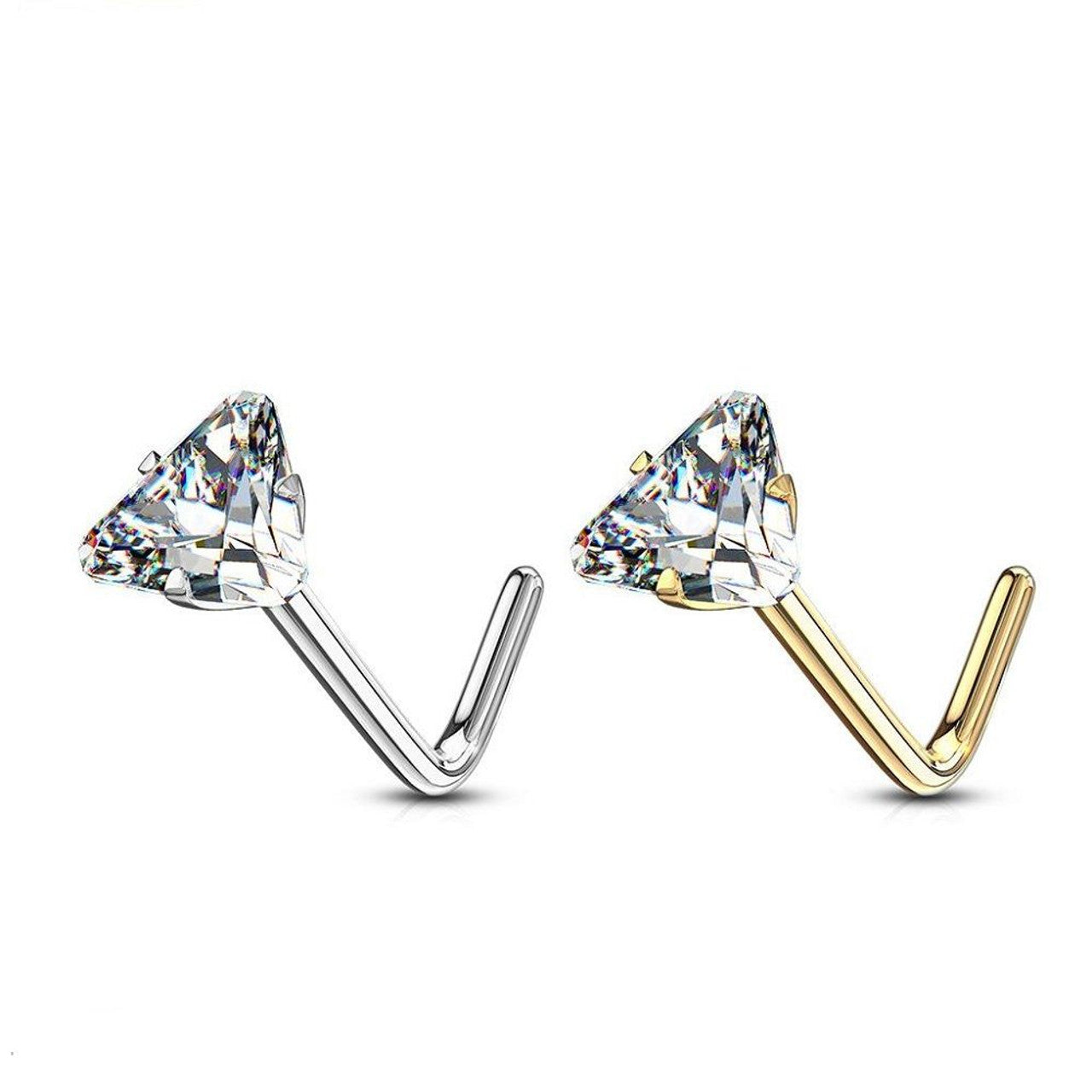 14 Karat Solid Gold Nose Ring Stud 20 Gauge 1/4" L Bend & Triangle CZ