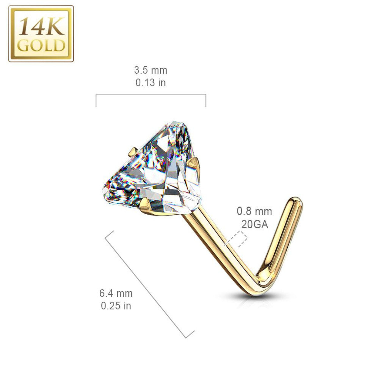 14 Karat Solid Gold Nose Ring Stud 20 Gauge 1/4" L Bend & Triangle CZ