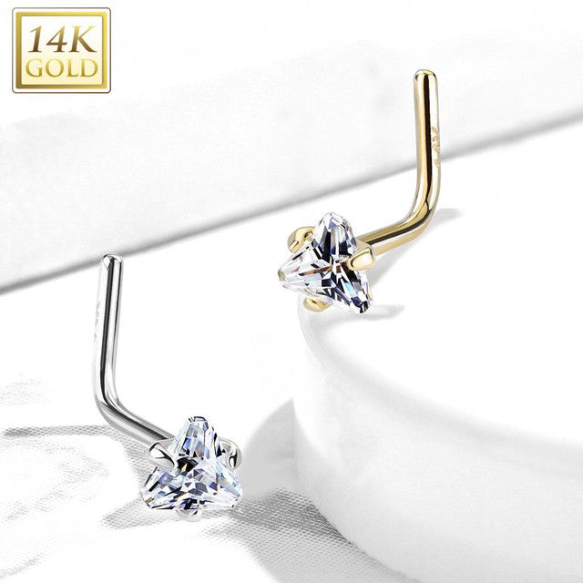 14 Karat Solid Gold Nose Ring Stud 20 Gauge 1/4" L Bend & Triangle CZ