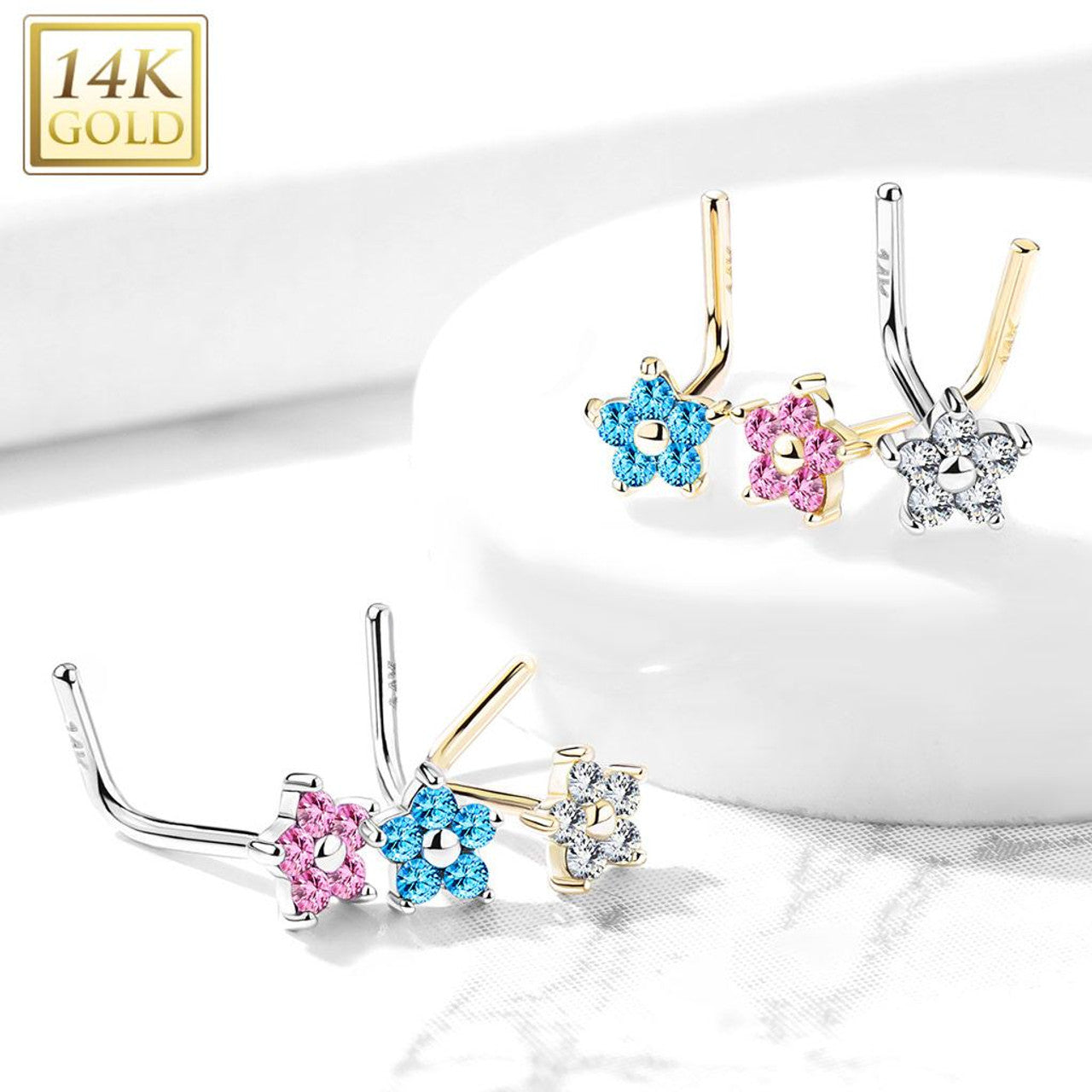 14 Karat Gold Nose Ring Stud 20 Gauge 1/4" L Bend with CZ Flower Top