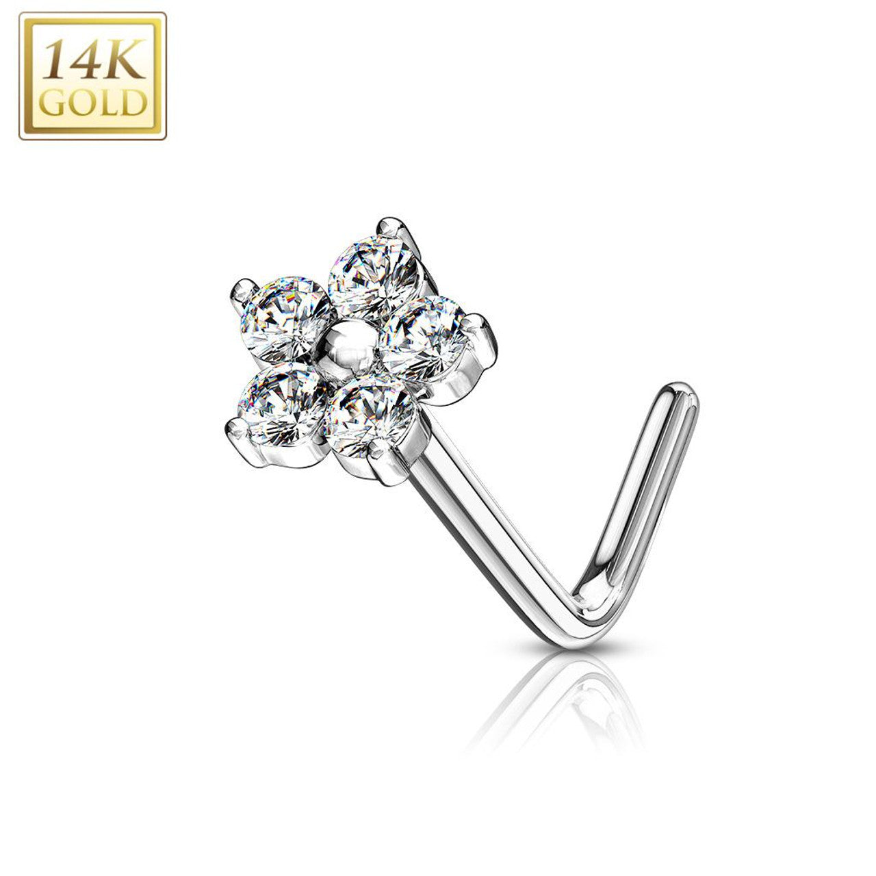 14 Karat Gold Nose Ring Stud 20 Gauge 1/4" L Bend with CZ Flower Top