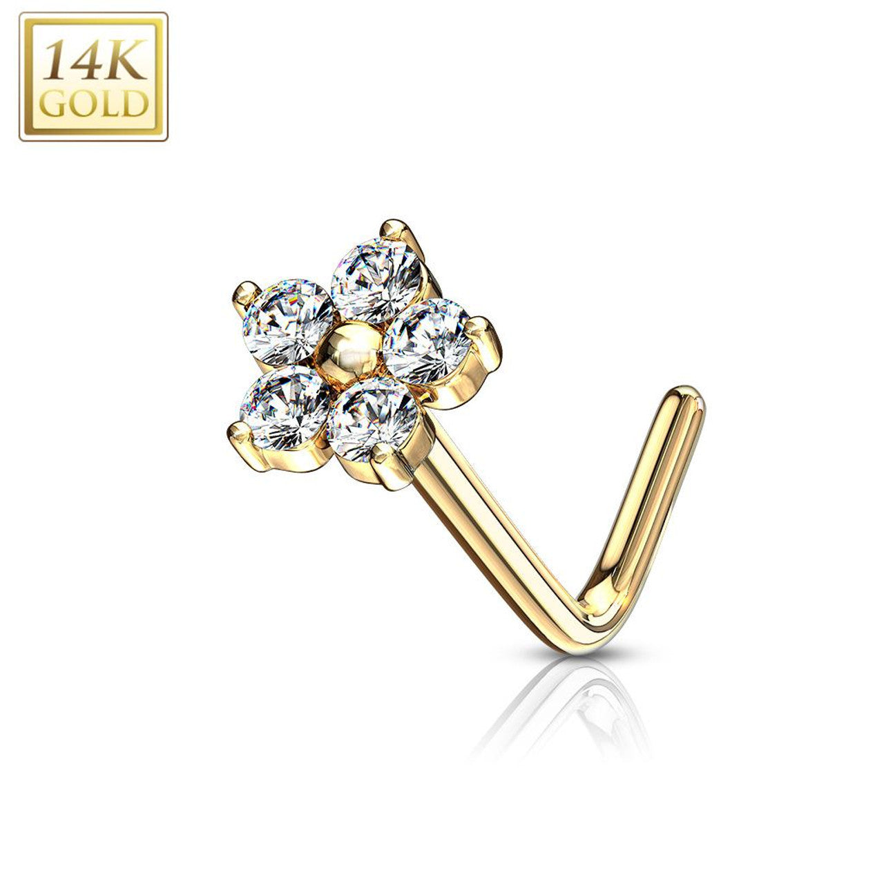 14 Karat Gold Nose Ring Stud 20 Gauge 1/4" L Bend with CZ Flower Top