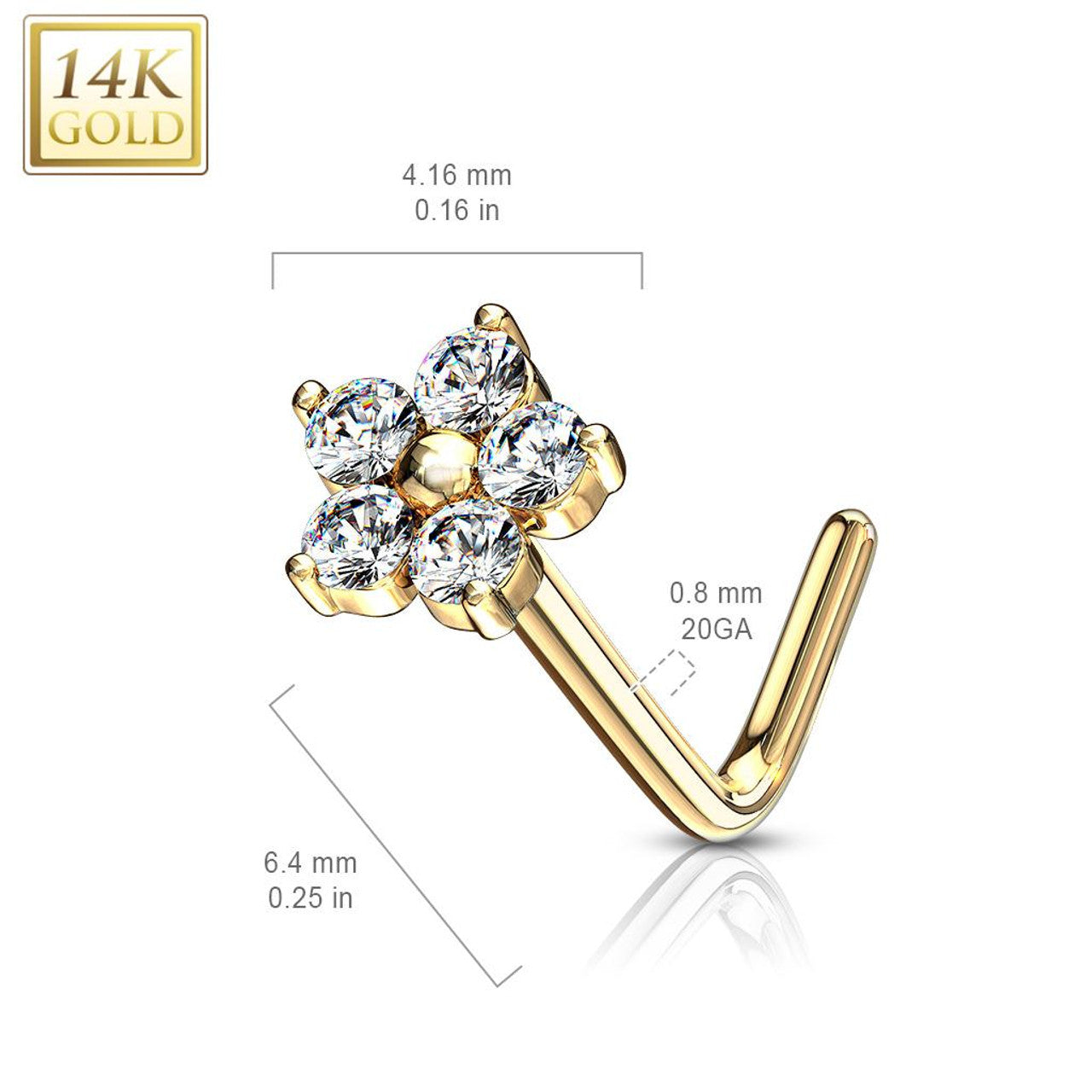 14 Karat Gold Nose Ring Stud 20 Gauge 1/4" L Bend with CZ Flower Top